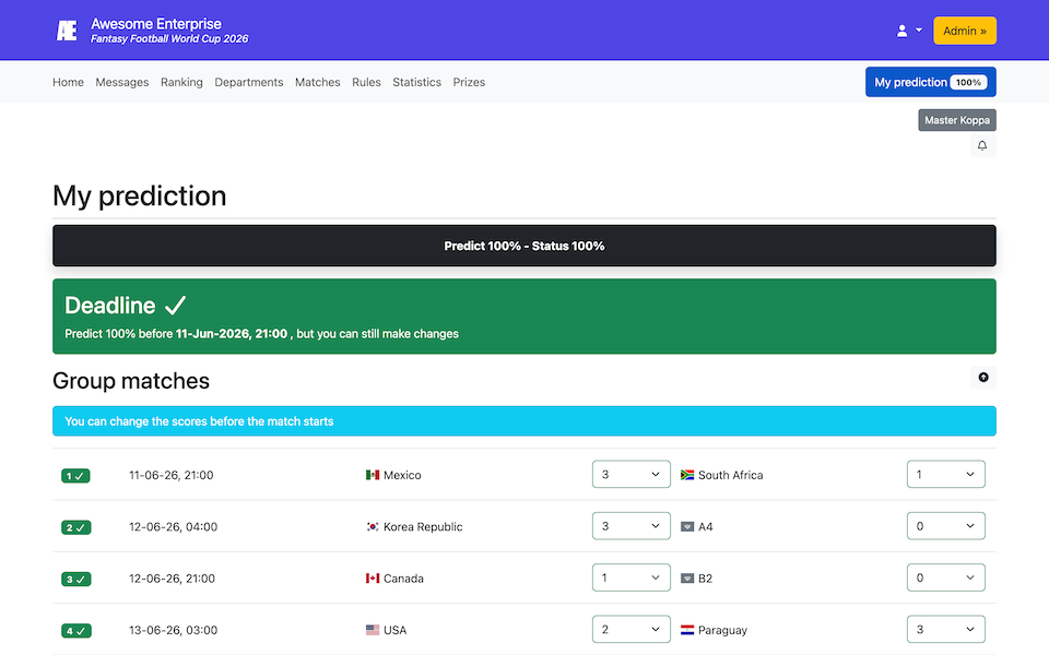 Écran du jeu de pronostics