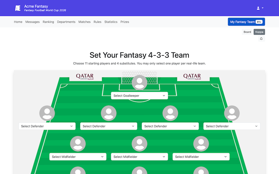 Écran de sélection d'équipe